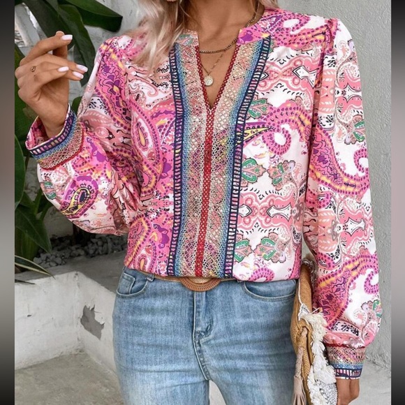 Tops - Boho Paisley Print Notched Neckline Lantern Sleeve Top Blouse Shirt